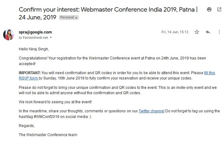 Confirm your interest - Webmaster Conference India 2019 Patna 24 June, 2019