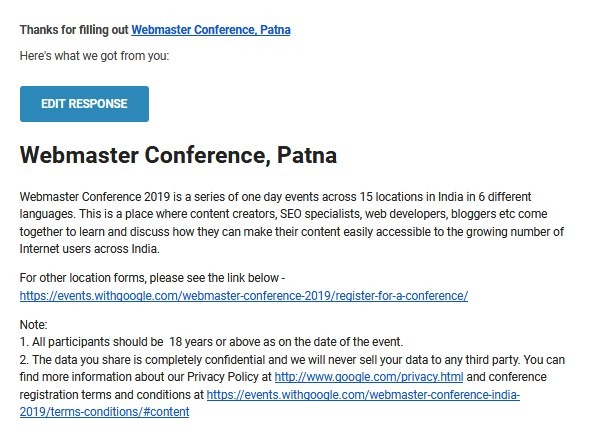 Conformation Email from Webmaster Conference Patna 2019