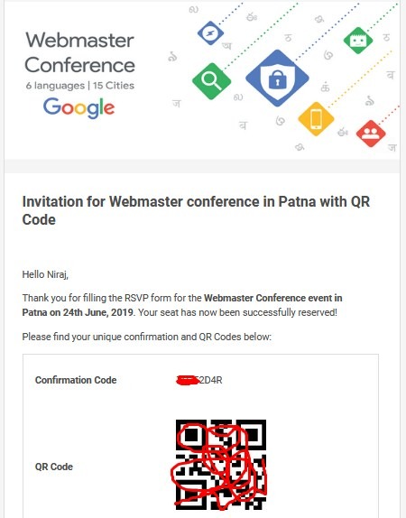 Invitation for Webmaster conference in Patna with QR Code