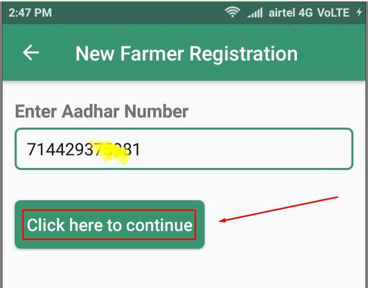 For New Kisan Registration Enter your aadhar number and Click on Button