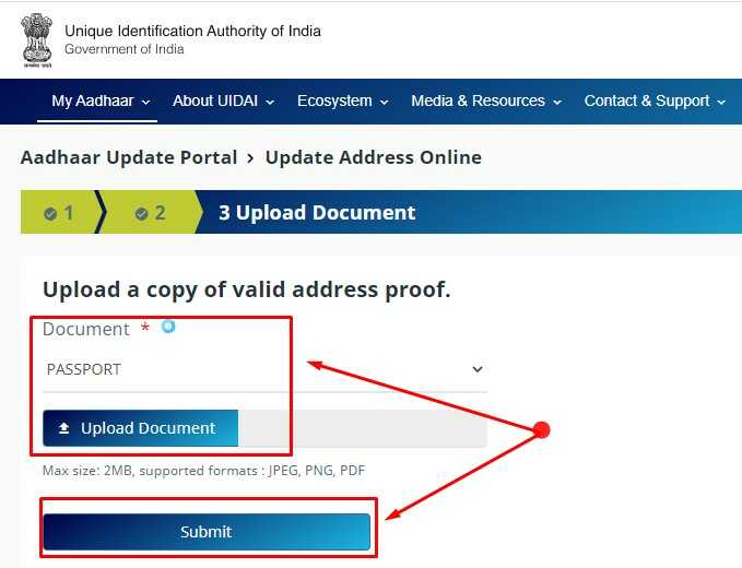 Select and Upload Address Proff Document for changing address in aadhar card