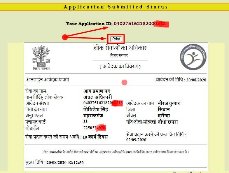 Bihar Online Income Certificate Apply Receipt