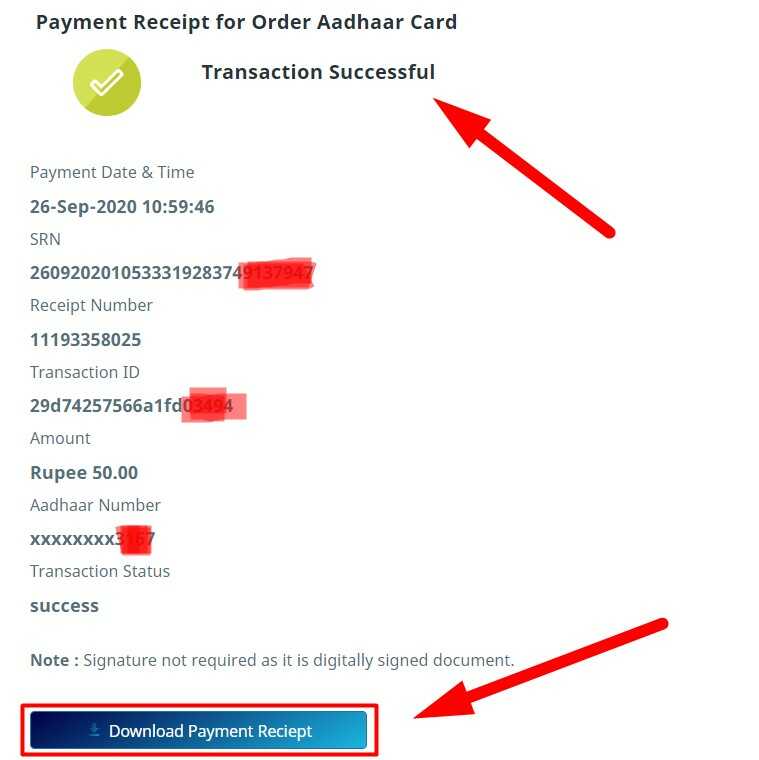 Payment Successful for PVC Aadhar Card Online Printing