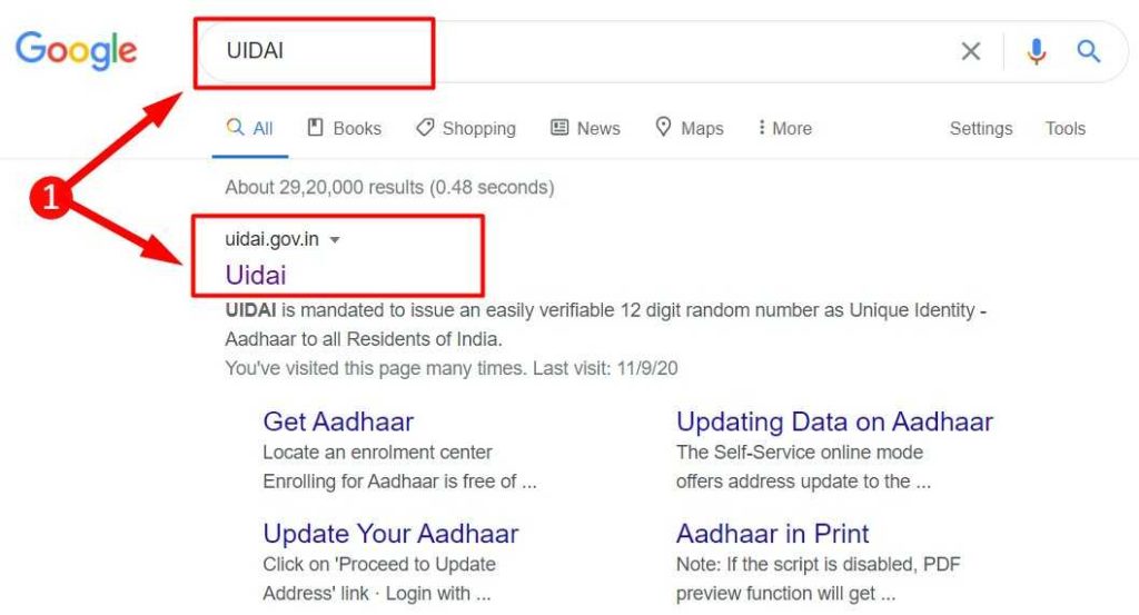 Search Result for UIDAI keyword in Google