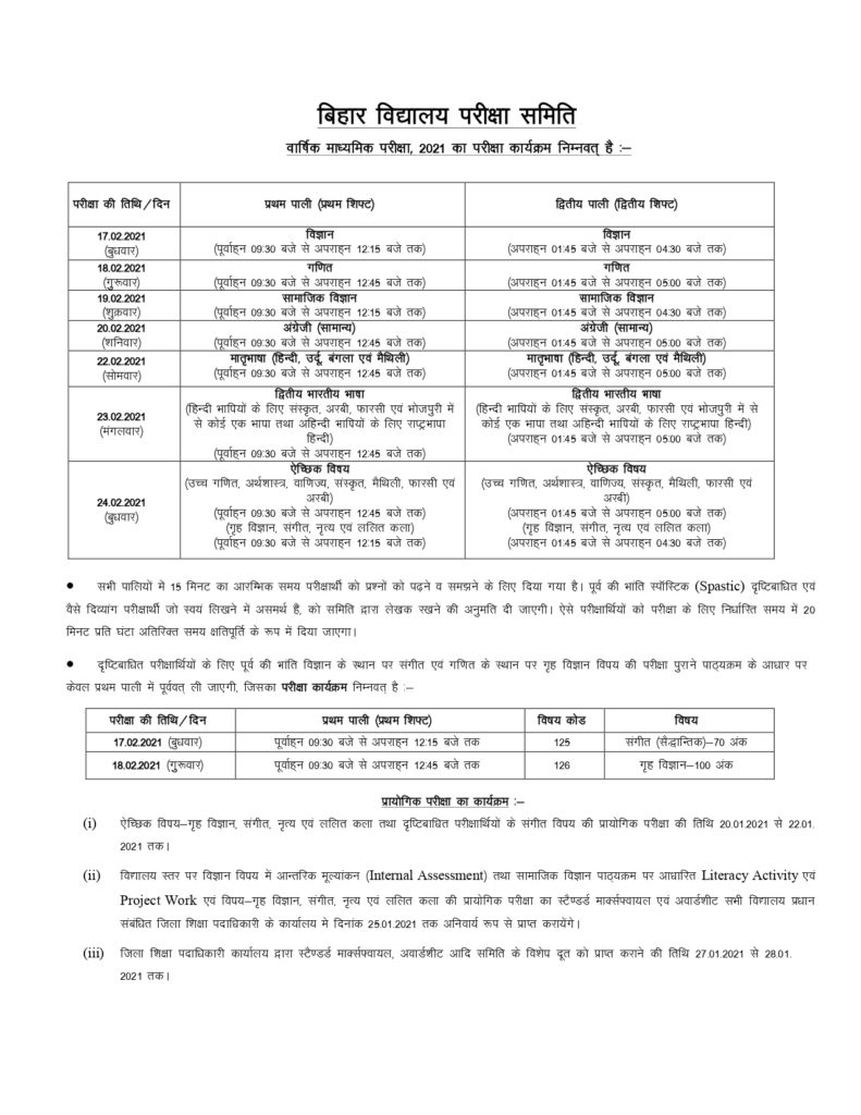 Bihar Board 10th Time Table 2021 Pdf Download