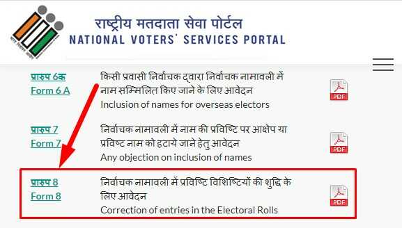 Form 8 For Online Voter ID Card Correction