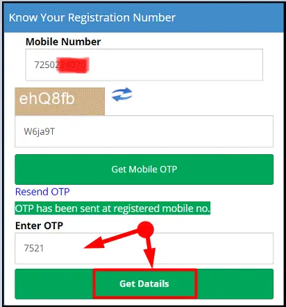 Enter Mobile OTP and Get Details of Kisan Registration Number