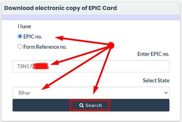 Enter EPIC Number Select State and click on Search button to Download E Voter card Online via National Voter's Service Portal