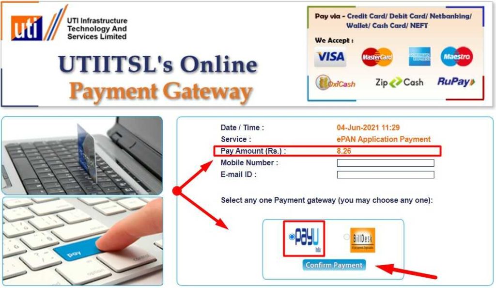 Payment Page for UTI PAN Download. Pay 8 Rupees and 26 Paisa for Download PAN Card from UTITSL Website
