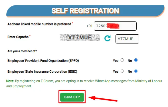 E Shram Card Status Check by Mobile Number