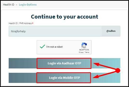 Login via Aadhar OTP or Login via Mobie OTP for Digital Health ID Card Download