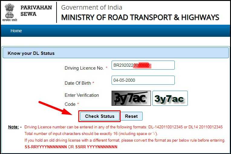 Check Driving Licence Status by DL Number