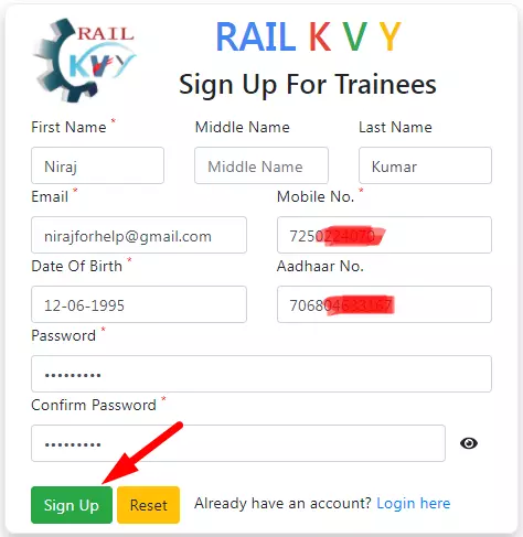 Registration form for Rail KVY Portal 