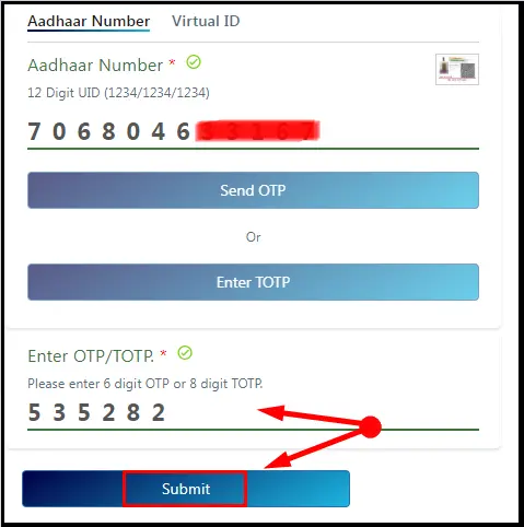 Verify OTP for Aadhar Card & Bank Account Link Status Check 