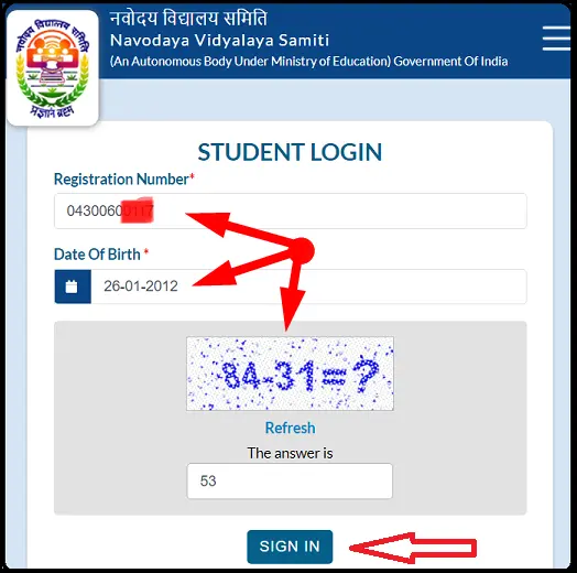 Sign in with Registration Number and Date of Birth for Navodaya Admit Card Download